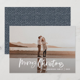 Modern minimal photo navy blue script Christmas Holiday Card