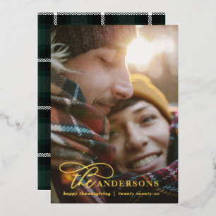 Modern minimal photo tartan green elegant script foil holiday card