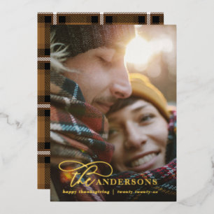 Modern minimal photo tartan mustard elegant script foil holiday card