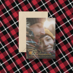Modern minimal photo tartan red elegant script foil holiday card