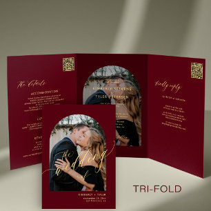 Modern minimal photo wedding rsvp details burgundy Tri-Fold invitation