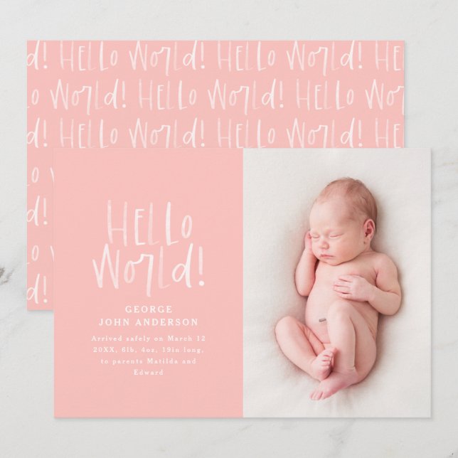 Modern minimal pink chic typography photo birth announcement (Front/Back)