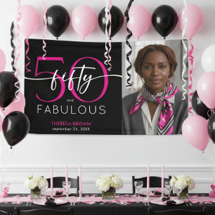 Modern Minimal Pink Fifty Fabulous Script Birthday Banner