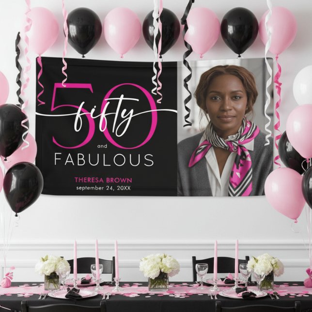 Modern Minimal Pink Fifty Fabulous Script Birthday Banner (Creator Uploaded)