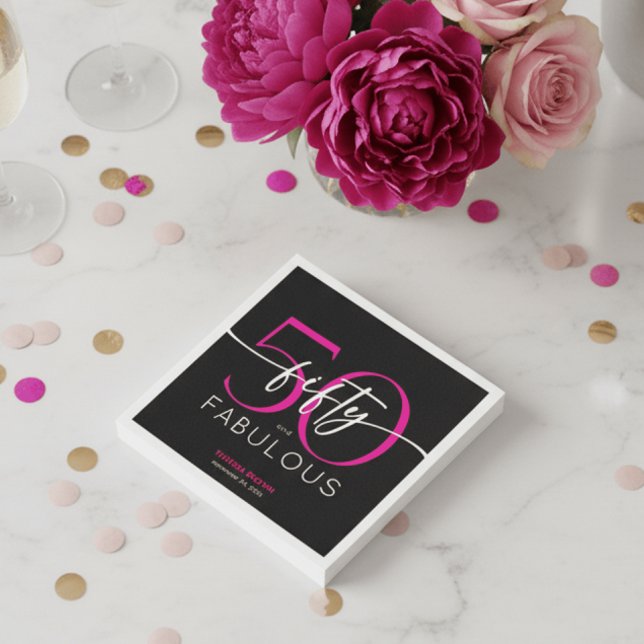 Modern Minimal Pink Fifty Fabulous Script Birthday Napkin (Creator Uploaded)
