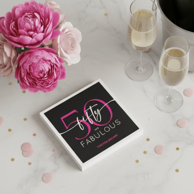 Modern Minimal Pink Fifty Fabulous Script Birthday Napkin (Creator Uploaded)