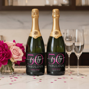 Modern Minimal Pink Fifty Fabulous Script Birthday Sparkling Wine Label