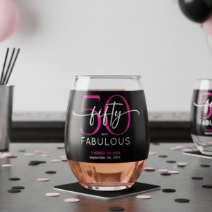 Modern Minimal Pink Fifty Fabulous Script Birthday Stemless Wine Glass