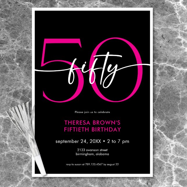 Modern Minimal Pink Fifty Script Birthday Invitation (Modern Minimal Pink Fifty Script Birthday Invitation)