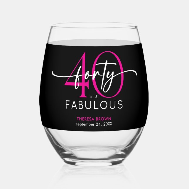 Modern Minimal Pink Forty Fabulous Script Birthday Stemless Wine Glass (Front)