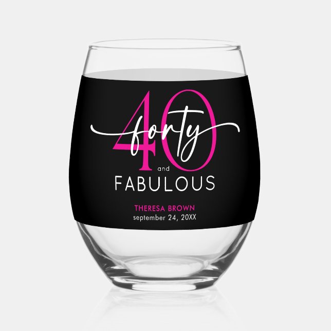 Modern Minimal Pink Forty Fabulous Script Birthday Stemless Wine Glass (Front)