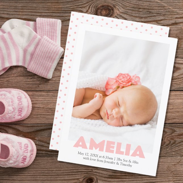 Modern Minimal Pink Girl Photo Birth Announcement (Creator Uploaded)