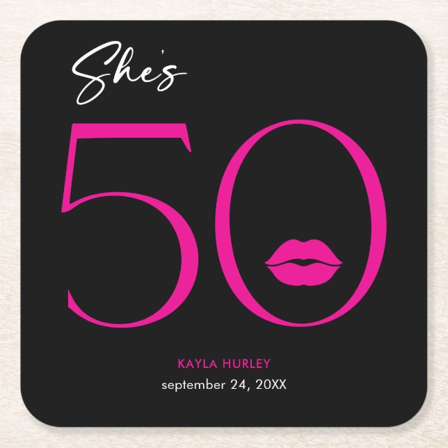 Modern Minimal Pink Lips She's Fifty Birthday Square Paper Coaster (Front)