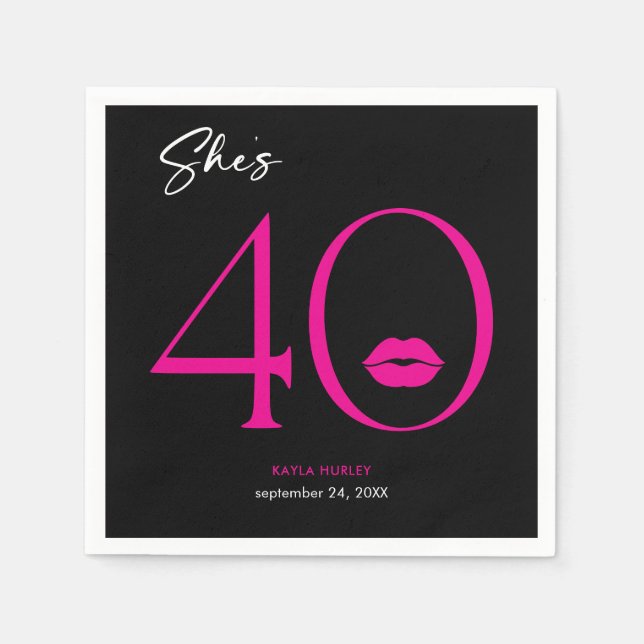Modern Minimal Pink Lips She's Forty Birthday Napkin (Front)