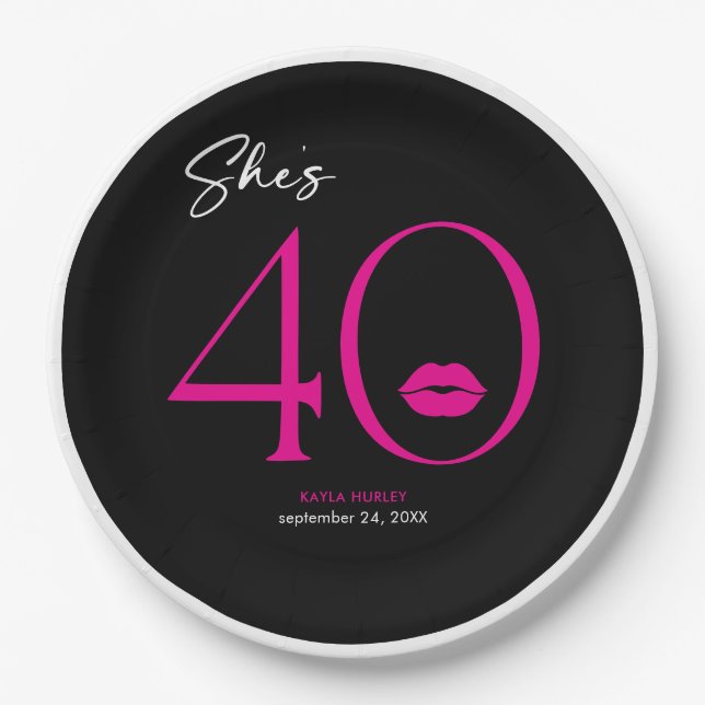 Modern Minimal Pink Lips She's Forty Birthday Paper Plate (Front)