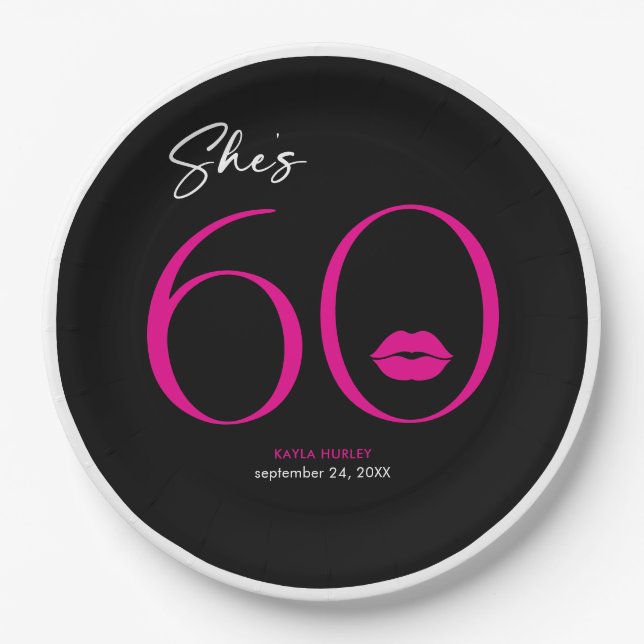 Modern Minimal Pink Lips She's Sixty Birthday Paper Plate (Front)