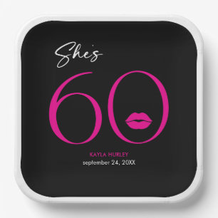 Modern Minimal Pink Lips She's Sixty Birthday Paper Plate