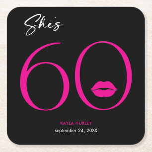Modern Minimal Pink Lips She's Sixty Birthday Square Paper Coaster