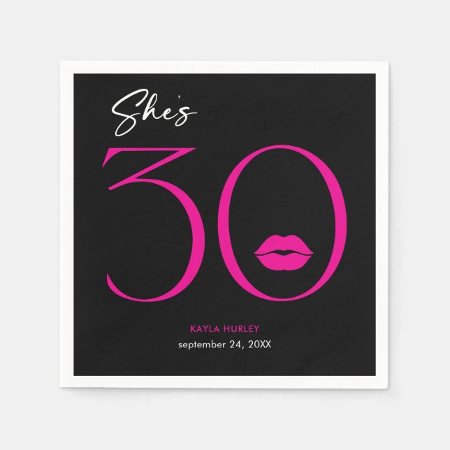Modern Minimal Pink Lips She's Thirty Birthday Napkin (Front)