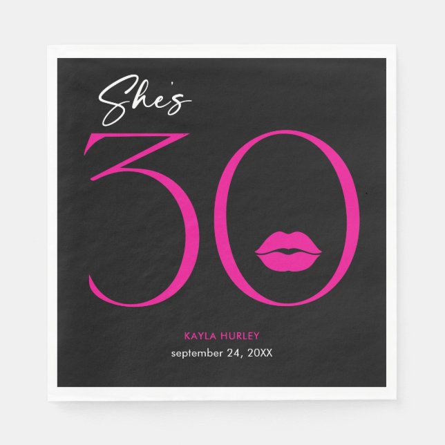 Modern Minimal Pink Lips She's Thirty Birthday Napkin (Front)