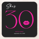 Modern Minimal Pink Lips She's Thirty Birthday Square Paper Coaster<br><div class="desc">Modern and chic,  this birthday paper coaster design declares,  "she's 30" and combines classic black and white with accents of bright pink,  with a playful pair of lips. It's minimal design is a simple and fun design to celebrate the milestone birthday. Created by Simply Farmhouse Press.</div>