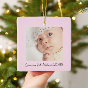 modern minimal pink photo babys first christmas ceramic ornament