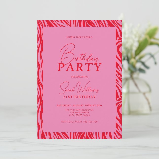 Modern Minimal Pink Red 21st Birthday  Invitation (Standing Front)