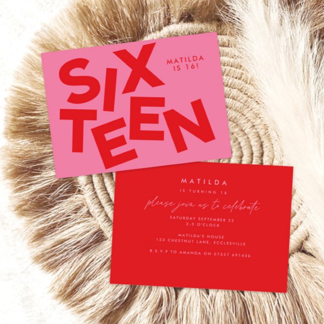 Modern minimal pink + red typography 16th birthday invitation (Creator Uploaded)