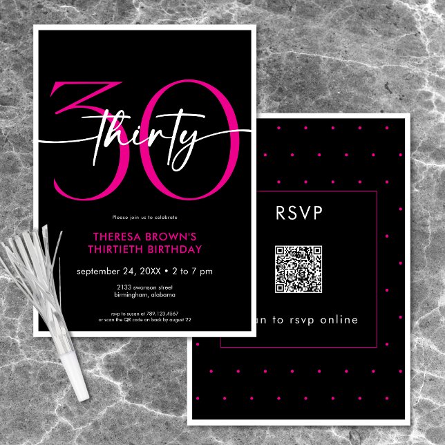 Modern Minimal Pink Thirty Script Birthday QR Invitation (Modern Minimal Pink Thirty Script Birthday QR Invitation)