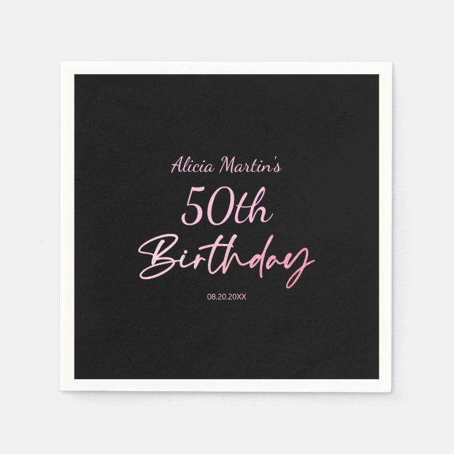 Modern & Minimal Pink Typography Black Birthday Napkin (Front)