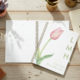 Modern Minimal Pink Watercolor Tulip Monogram Planner