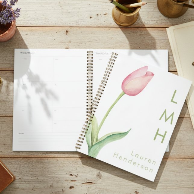 Modern Minimal Pink Watercolor Tulip Monogram Planner (Creator Uploaded)