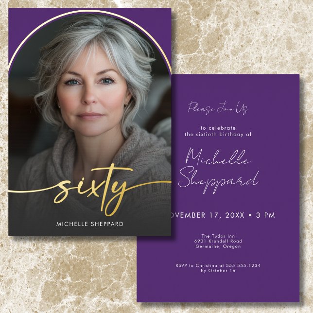Modern Minimal Purple Arch Sixtieth Birthday (Modern Minimal Purple Arch Sixtieth Birthday Foil Invitation)
