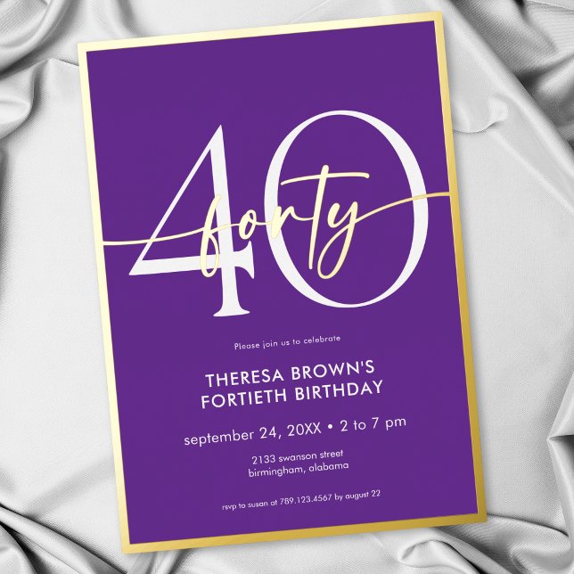Modern Minimal Purple Forty Script Birthday (Modern Minimal Purple Forty Script Birthday Foil Invitation)