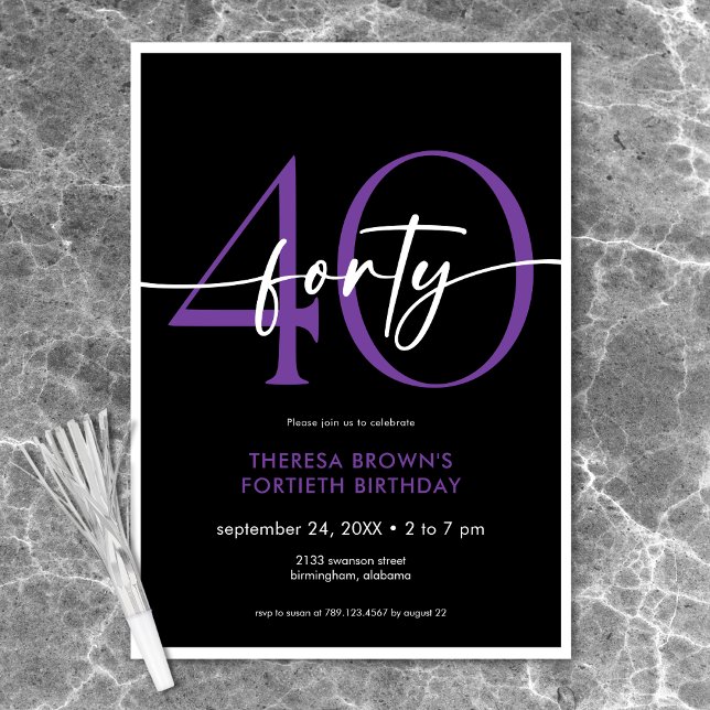 Modern Minimal Purple Forty Script Birthday Invitation (Modern Minimal Purple Forty Script Birthday Invitation)