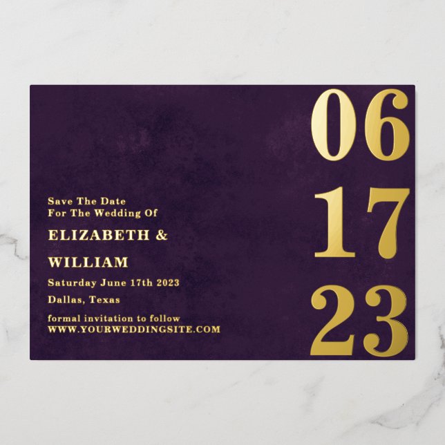 Modern Minimal Purple Gold Photo Save The Date (Front)