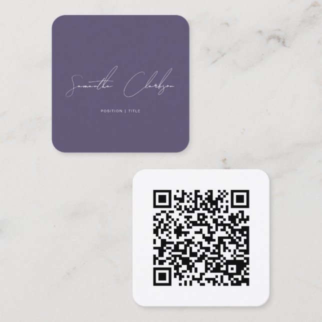 Modern Minimal Purple Handwritten Script QR Code Square Business Card (Front/Back)