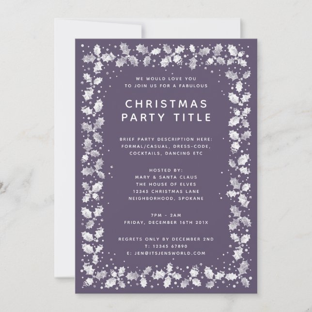 Modern Minimal Purple Holly Leaves Christmas Party Invitation (Front)