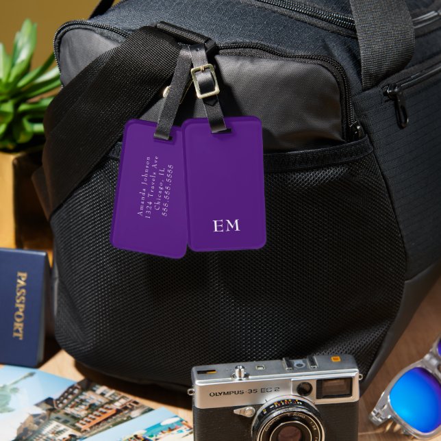 Modern Minimal Purple Monogrammed Initials Luggage Tag (Front & Back)