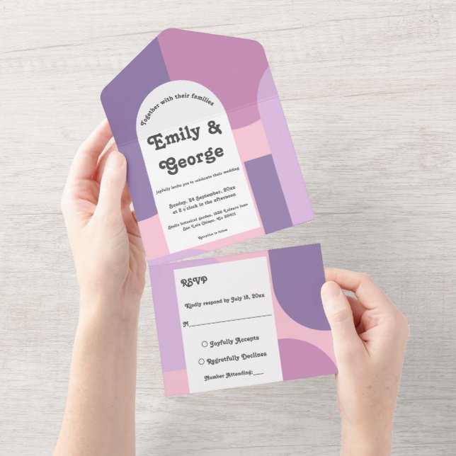 Modern Minimal Purple Pink Retro Abstract Wedding All In One Invitation (Tearaway)