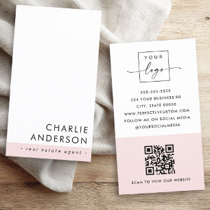 Modern minimal QR code blush pink white vertical Business Card