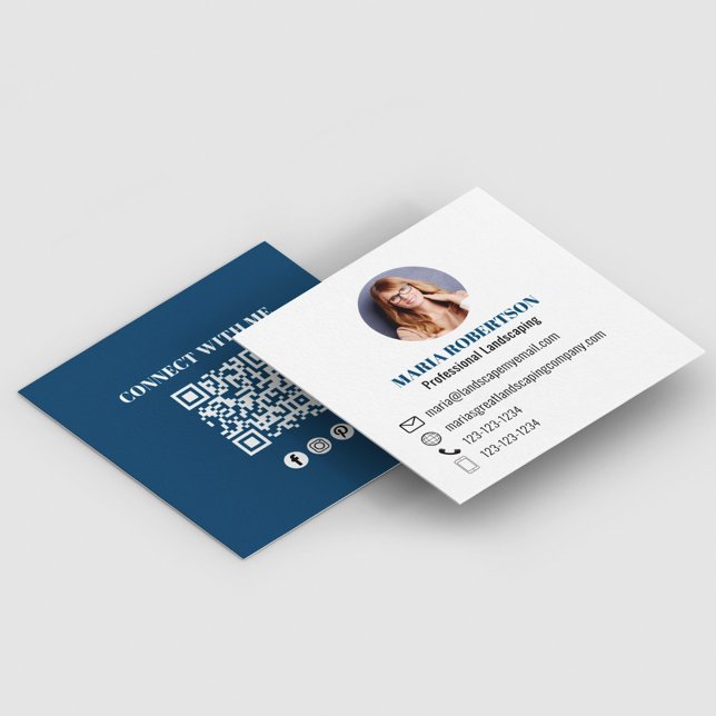 Modern Minimal QR Code Social Media Photo Square Business Card (Minimalist modern simple blue business card.)