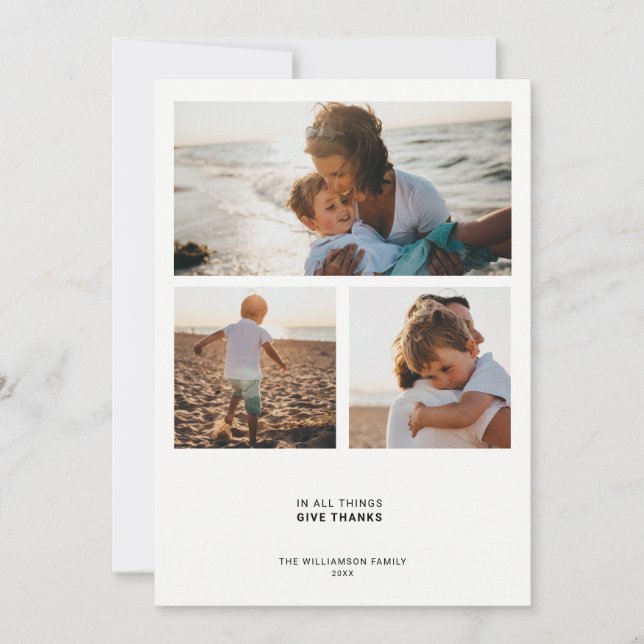 Modern Minimal Quote | Gratitude 3 Photo Collage Holiday Card (Front)