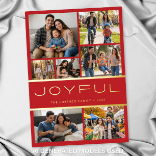 Modern Minimal Red 7 Photo Collage Joyful Foil Holiday Card