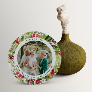 Modern minimal red and green watercolor foliage holiday card