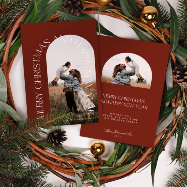 Modern Minimal Red Arch 2 Photo Merry Christmas  H Holiday Card (Creator Uploaded)