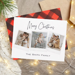 Modern Minimal Red Black Merry Christmas 3 Photo Holiday Card