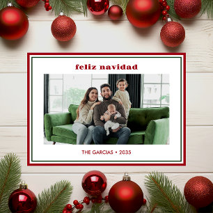 Modern Minimal Red Border Photo Feliz Navidad Holiday Card