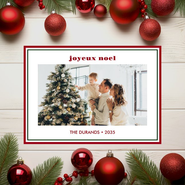 Modern Minimal Red Border Photo Joyeux Noel Holiday Card (Creator Uploaded)