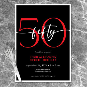 Modern Minimal Red Fifty Script Birthday Invitation